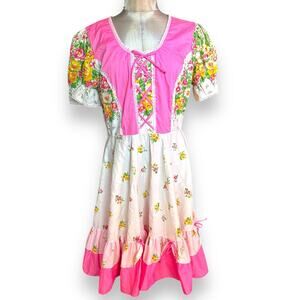 Vintage Cottage Core Square Dance Dress Pink Partners Please 20 Pink White Bows